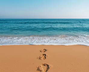 Footprints are imprinted on the smooth golden sand, leading away from the gentle waves of a tranquil turquoise ocean under a clear blue sky