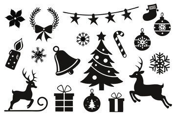 Flat Christmas Silhouette Elements Vector | Holiday Decoration Icons Set