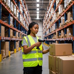 Photo of a Warehouse Worker Scanning Boxes in a Storage Facility Environment