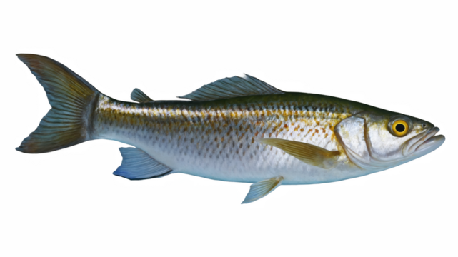 Close-up of a fish lying on a light gray background.