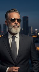 Photo Of A Well Dressed Man In Sunglasses Looking Away At Night Sky Backdrop