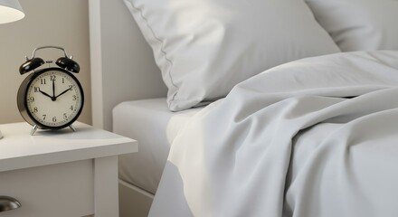 Photo Of A White Bed With A Black Alarm Clock And Bedding in Morning Light