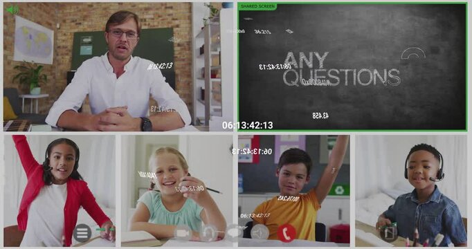 Education teacher teaching coding as chalkboard morphing into questions and students raising hands