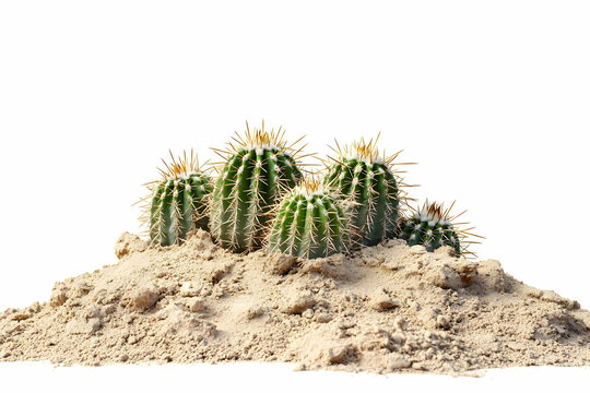Barrel cactus cluster growing in sandy desert soil, dry landscape composition.