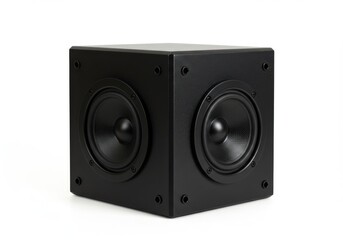 A cube shaped audio device with round speakers on multiple sides of the box