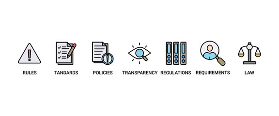 Compliance banner web icon set vector illustration concept consists of law, requirements, transparency, regulations, policies, standards, rules icons symbol