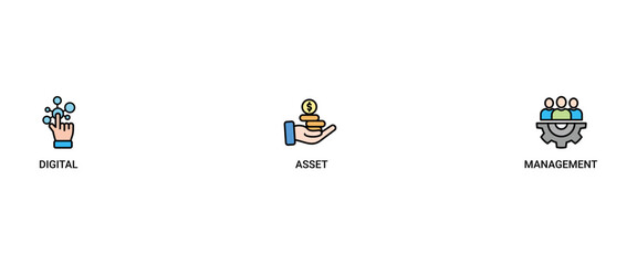 Dam banner web icon set vector illustration concept of digital asset management with icon of binary, automation, processing, design, data, network, and connection icons symbol live stroke editable