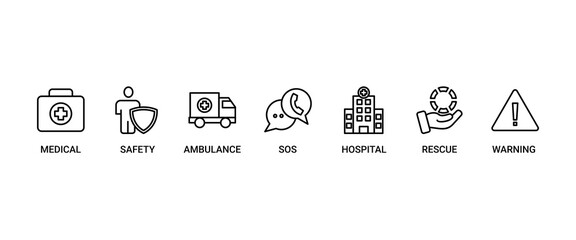 Emergency banner web icon set vector symbol illustration symbol infographic concept with icon of urgency, medical, safety, ambulance, sos, hospital, rescue, and warning icon easy to edit