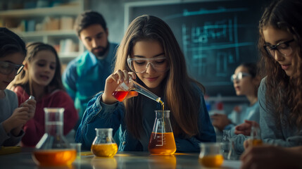 Diverse group of students conducting a science experiment in a modern classroom smart girl carefully pours colorful liquid into a beaker