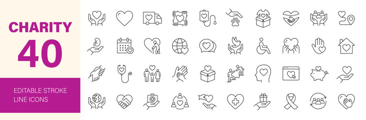 Charity icon set. Containing donation, volunteer, humanitarian, help, support, social care, friendship, fundraising, volunteering and more. Editable line icons. Vector illustration.