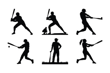Baseball Player Silhouette Icons Vector Bundle of 6 Action Poses