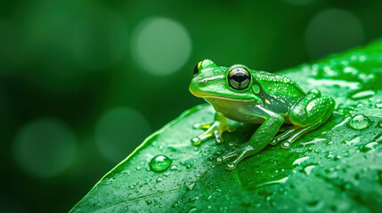 Obraz premium Close-up of a vibrant green frog perched on a dewy leaf in a lush tropical environment showcasing nature's beauty and animal behavior in a serene setting