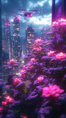 Fototapeta premium Vibrant flowers bloom in a futuristic cityscape