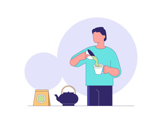 Young boy make green tea. Tea illustration. Flat outline vector illustration concept.