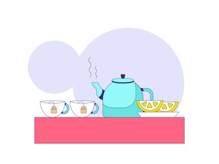 Serving lemon tea on the table. Tea illustration. Flat outline vector illustration concept.