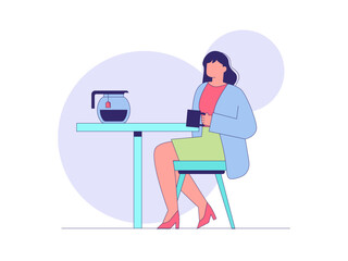 Young woman drinking tea at office desk. Tea illustration. Flat outline vector illustration concept.