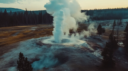 Stunning aerial view of a geyser eruption in Yellowstone National Park, capturing vibrant hot spring colors and misty steam