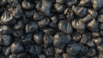 A dense, overflowing mass of dark, knotted plastic garbage bags fills the frame, creating a textured, uniformly dark surface