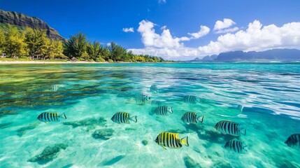 7.Tropical fish swimming on coral reef in the tropical lagoon, Le Morne Brabant, Black River district, Mauritius, Indian Ocean, Africa
