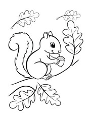 Cartoon Squirrel Holding Acorn on Tree Branch