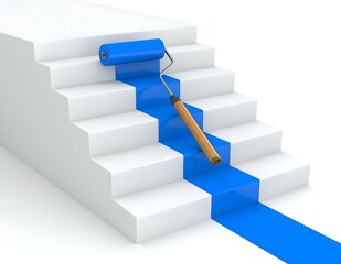 Fototapeta premium Blue Paint Roller on White Steps Progress, Success, Growth