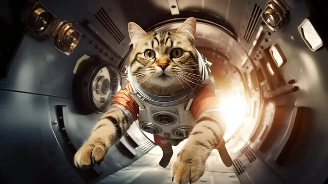 A cat in a space suit explores the wonders of outer space, showcasing adventure and curiosity.
