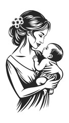 Mother and Baby Classic Line Art Illustration