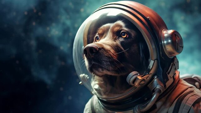 An adventurous dog astronaut floating in space with a determined gaze, exploring beyond.