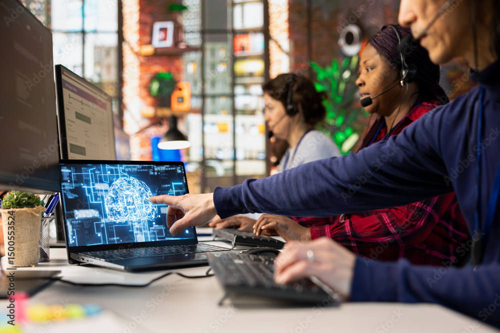 Poster call center employee using ai chatbot at office desk to reply to common customer queries, close up. 