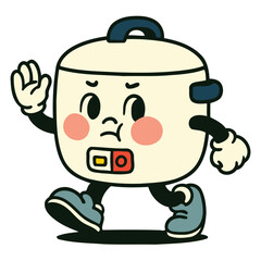 Angry Rice Cooker Cartoon Walking Firmly with Blush