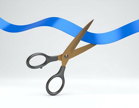 Golden Scissors Cutting Blue Ribbon New Beginning, Grand Opening Ceremony