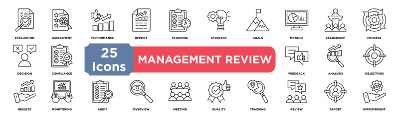 Management review icon collection set. Containing evaluation,assessment,performance,report,planning,strategy,goals,metrics,leadership,process icon. Simple line vector.	