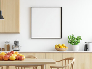 A minimalist kitchen scene features a large, blank square frame on a light wood wall above a counter with fruit bowls and light wood cabinetry.  A wooden table and chairs are in the foreground