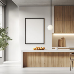 Minimalist kitchen interior featuring a light wood island, white walls, a large blank framed artwork, and a simple pendant light.  A potted plant and oranges add a touch of life