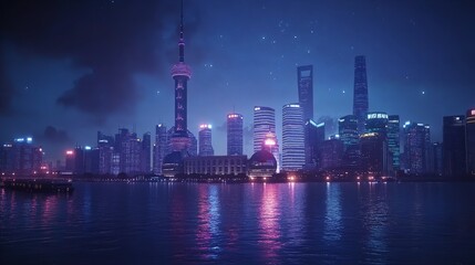 Stunning Night View Shanghai Skyline Cityscape Modern Architecture dark blue pink asia urban water  