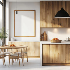 Modern kitchen with light wood cabinetry, a large framed picture, a round dining table with beige chairs, and a bowl of oranges. Sunlight streams through a nearby window, illuminating the space