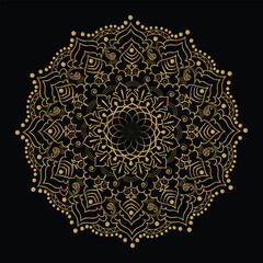 Intricate Golden Mandala Design on Black Background Detailed Circular Ornament with Floral and Geometric Elements