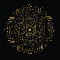 Intricate Golden Mandala with Floral Motifs and Geometric Shapes on Black Background