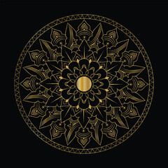 Ornate Golden Mandala Design with Floral and Geometric Elements on Black Background