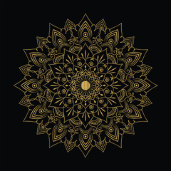 Ornate Golden Mandala Design with Intricate Floral Elements on a Black Background