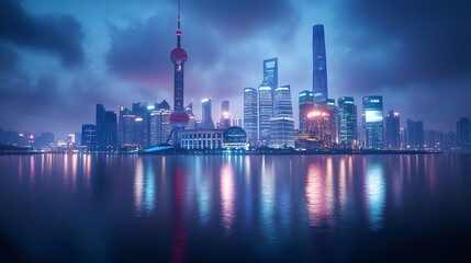 Fototapeta premium Stunning Shanghai Skyline Night View Modern Cityscape Architecture Asia blue pink dark urban water 