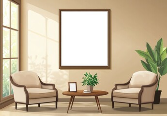 Sunlit interior with two armchairs flanking a coffee table, a large blank frame on the wall, and a potted plant, all set against a large window overlooking greenery
