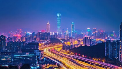 A vibrant cityscape at twilight, showcasing a bustling highway with light trails intersecting a densely packed skyline of skyscrapers and buildings nestled amongst hills