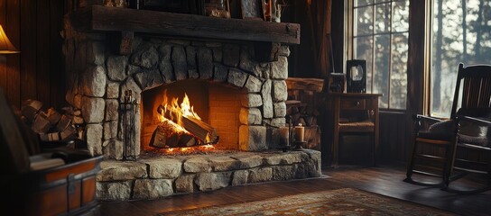 Rustic stone fireplace with crackling fire, wooden rocking chair by window overlooking snowy woods, creates cozy cabin ambiance