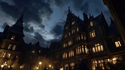 Naklejka premium Enigmatic Castle at Dusk: A Nighttime Gothic Grandeur