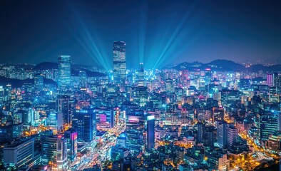 Obraz premium A vibrant nocturnal cityscape, illuminated by streaks of blue light emanating from a central skyscraper, showcasing a dense network of buildings, roads,