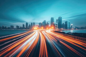 A vibrant cityscape at twilight, with streaking light trails from fast-moving vehicles on a highway curving towards a modern skyline