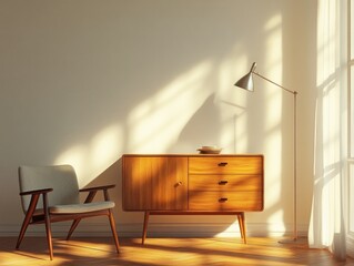 Mid-century modern armchair and wooden sideboard bathed in warm sunlight near a sheer window curtain, minimalist room design