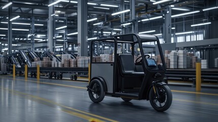 Fototapeta premium Modern Electric Three-Wheeler Rickshaw in a Warehouse Environment with Bold Industrial Design