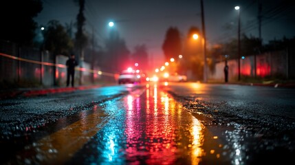 Rainslicked street reflects emergency lights at night